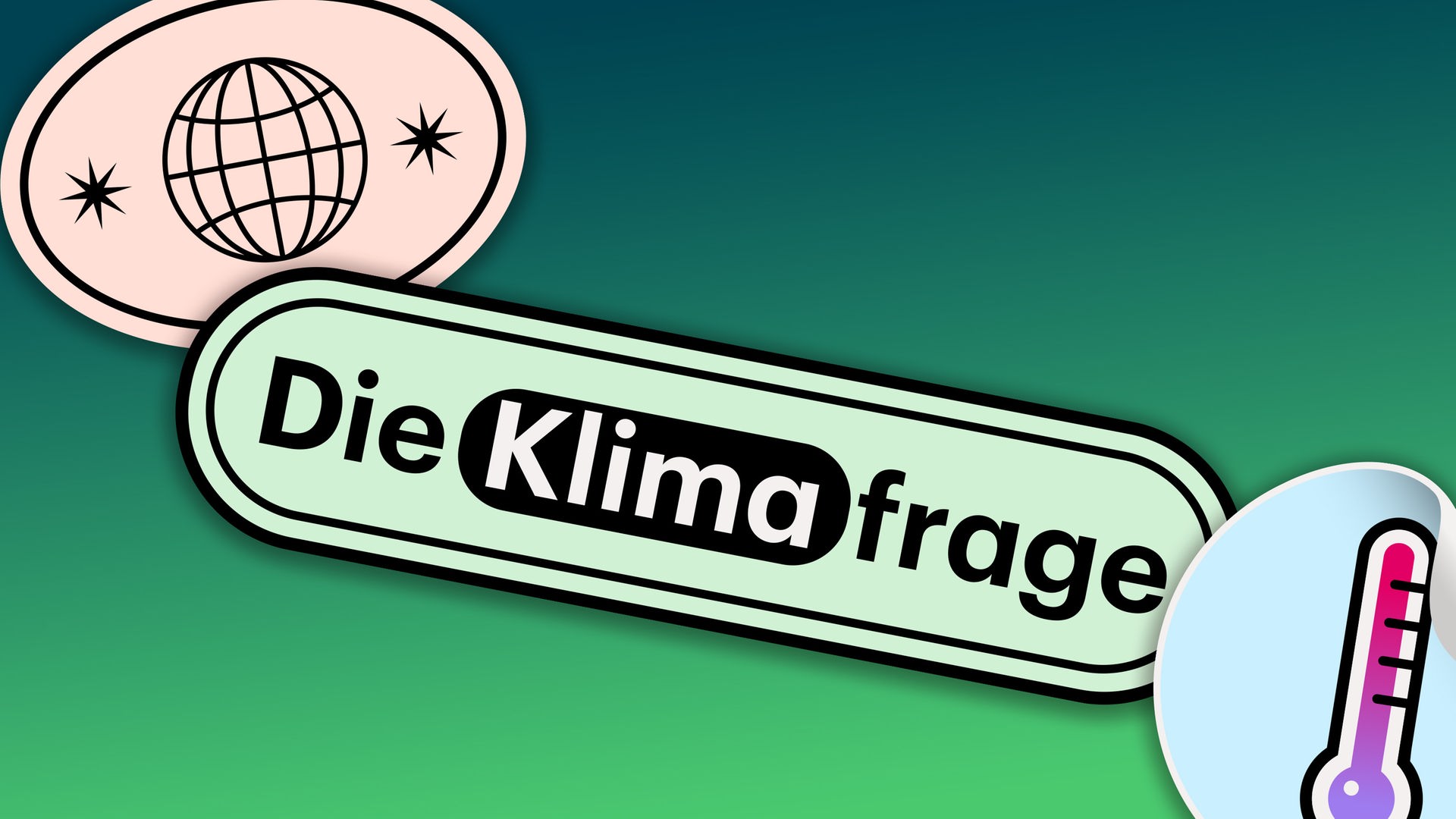 Auf einem grünen Farbverlauf steht "Die Klimafrage", darüber eine stilisierte Weltkugel, darunter ein stilisiertes Thermometer