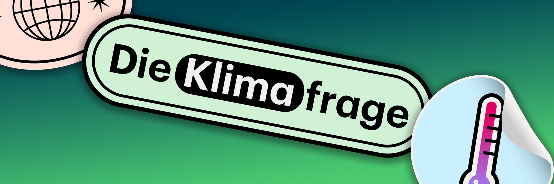 Auf einem grünen Farbverlauf steht "Die Klimafrage", darüber eine stilisierte Weltkugel, darunter ein stilisiertes Thermometer