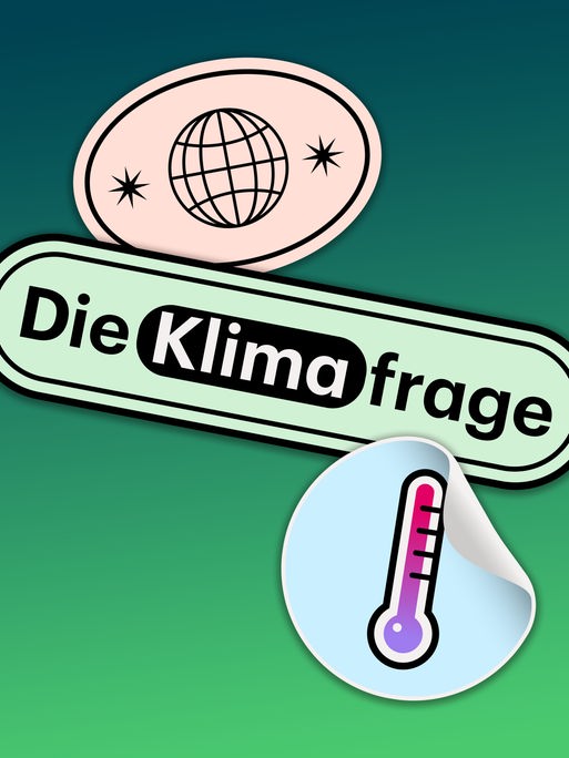 Auf einem grünen Farbverlauf steht "Die Klimafrage", darüber eine stilisierte Weltkugel, darunter ein stilisiertes Thermometer Auf einem grünen Farbverlauf steht "Die Klimafrage", darüber eine stilisierte Weltkugel, darunter ein stilisiertes Thermometer