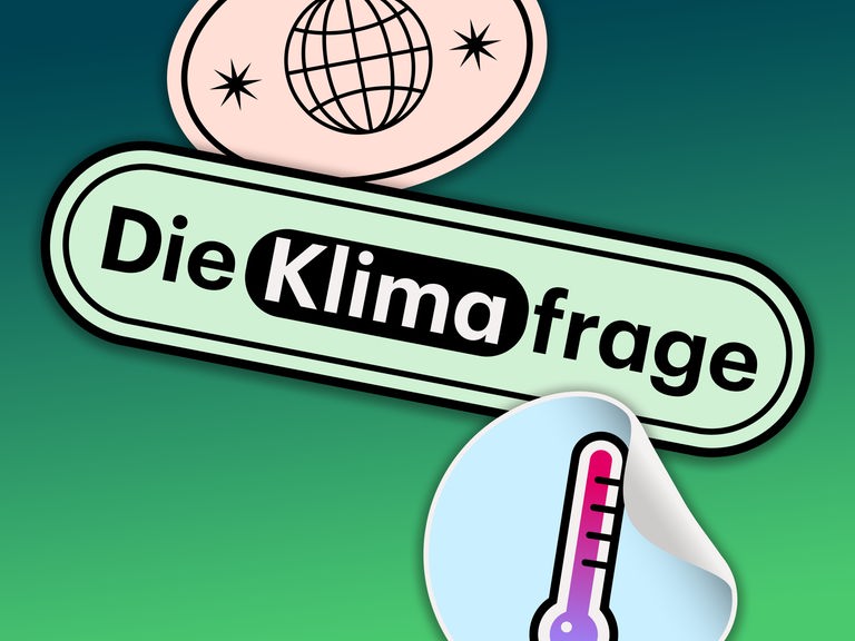 Auf einem grünen Farbverlauf steht "Die Klimafrage", darüber eine stilisierte Weltkugel, darunter ein stilisiertes Thermometer Auf einem grünen Farbverlauf steht "Die Klimafrage", darüber eine stilisierte Weltkugel, darunter ein stilisiertes Thermometer
