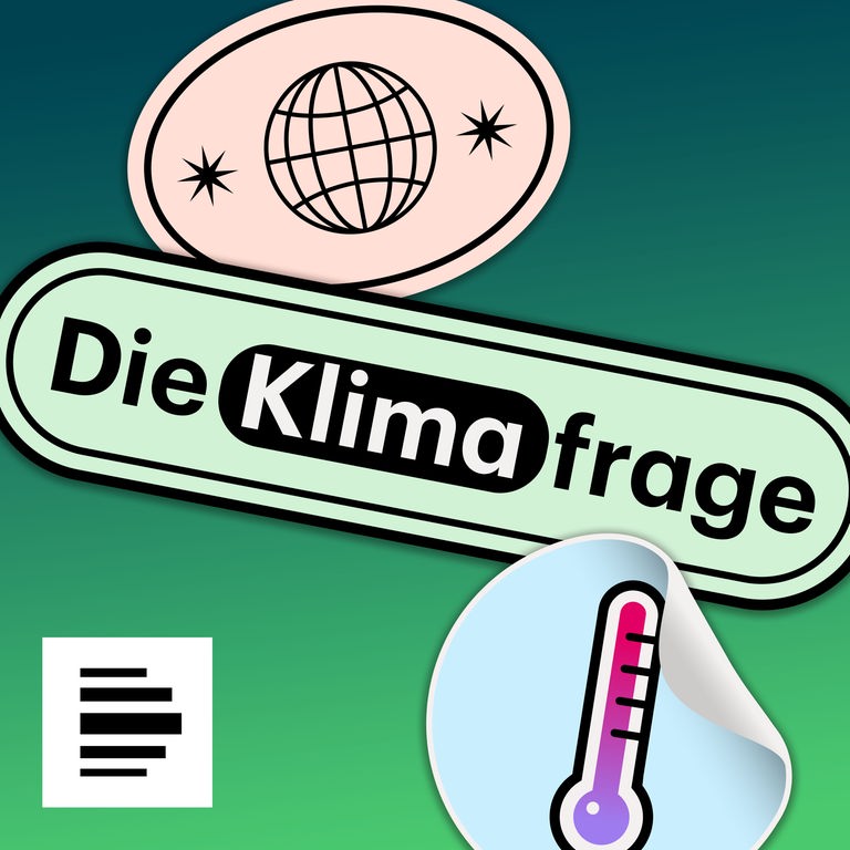 Auf einem grünen Farbverlauf steht "Die Klimafrage", darüber eine stilisierte Weltkugel, darunter ein stilisiertes Thermometer