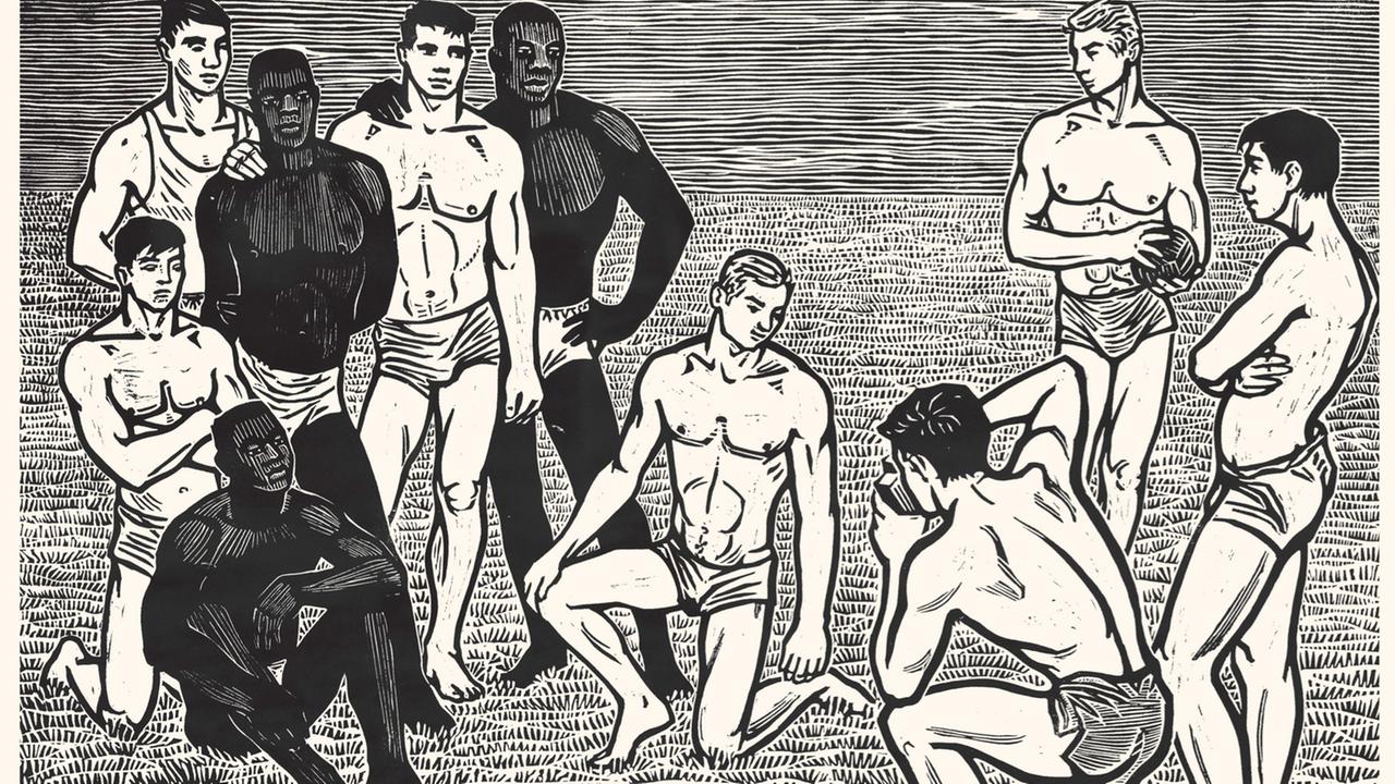 Linolschnitt, der junge Männer oberkörperfrei, in kurzen Sporthosen zeigt. Einer von ihnen fotografiert eine Gruppe von ihnen.