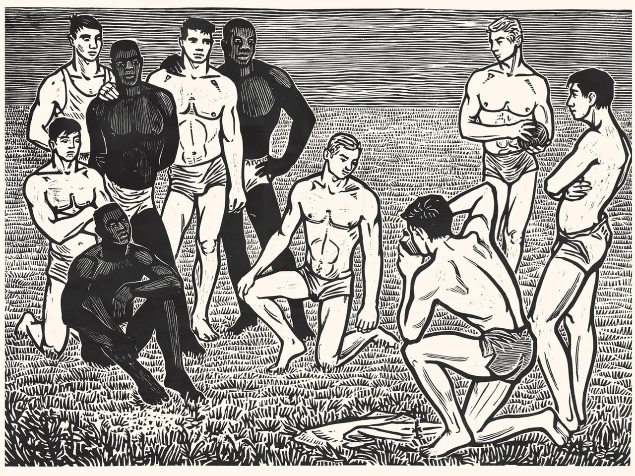 Linolschnitt, der junge Männer oberkörperfrei, in kurzen Sporthosen zeigt. Einer von ihnen fotografiert eine Gruppe von ihnen.
