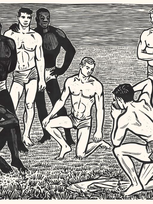Linolschnitt, der junge Männer oberkörperfrei, in kurzen Sporthosen zeigt. Einer von ihnen fotografiert eine Gruppe von ihnen.