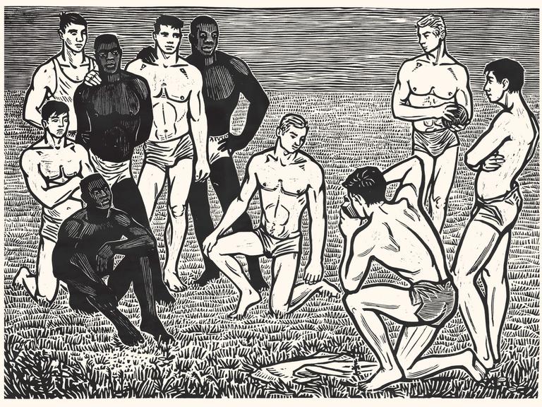 Linolschnitt, der junge Männer oberkörperfrei, in kurzen Sporthosen zeigt. Einer von ihnen fotografiert eine Gruppe von ihnen.