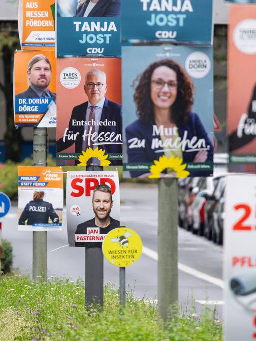 Wahlplakate aller Parteien hängen entlang einer vielbefahrenen Straße an Laternenpfählen.