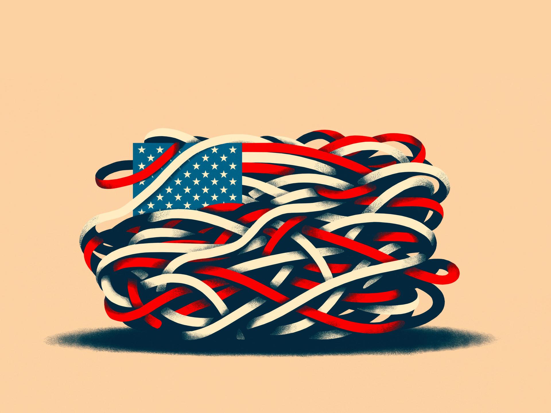 Illustration einer US-amerikanischen Flagge, deren Streifen sich zu einem Knäuel verknotet haben.