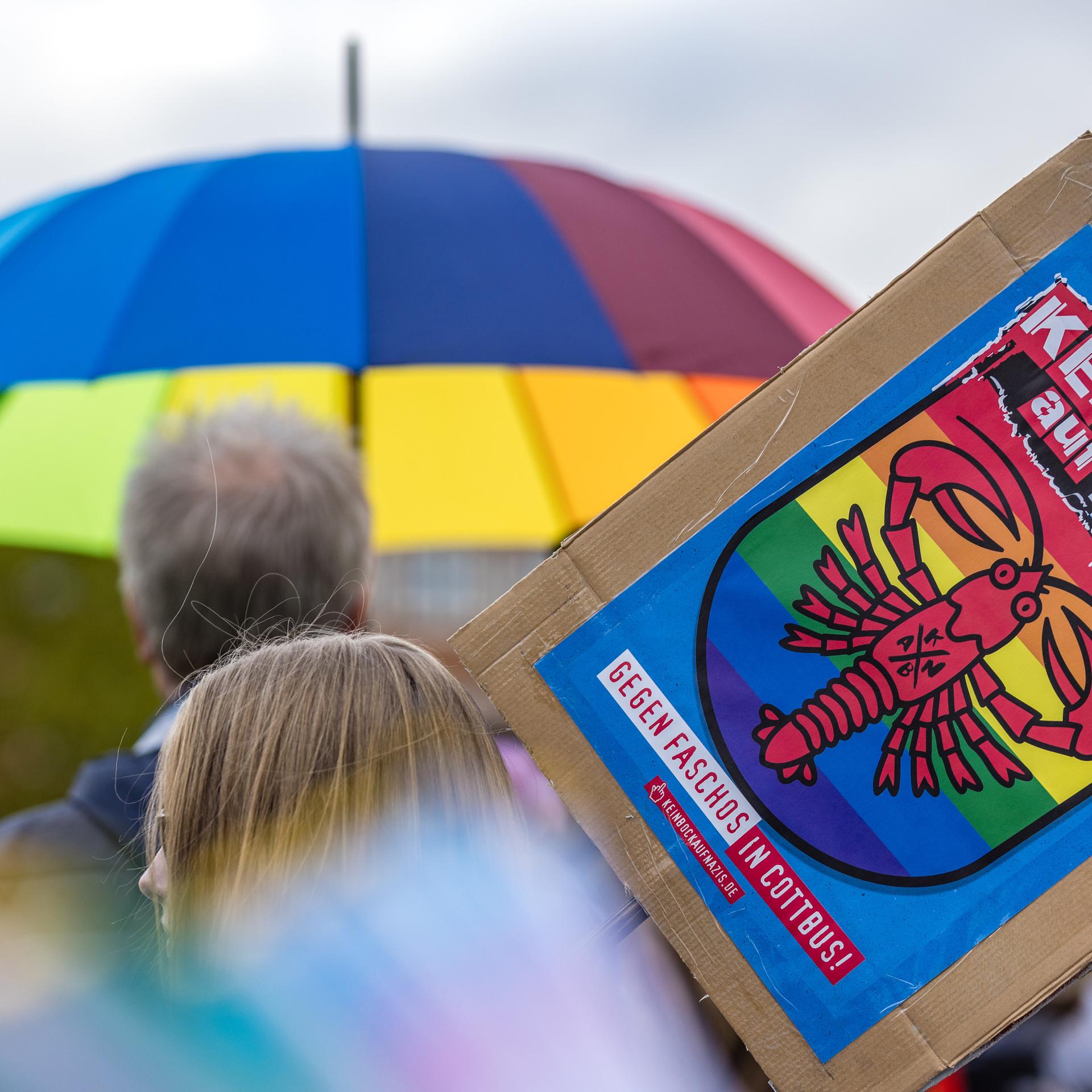 Das Bild zeigt ein Plakat mit der Aufschrift "Kein Bock auf Nazis - Gegen Faschos in Cottbus!"; im Hintergrund ein Schirm mit Regenbogenfarben.
