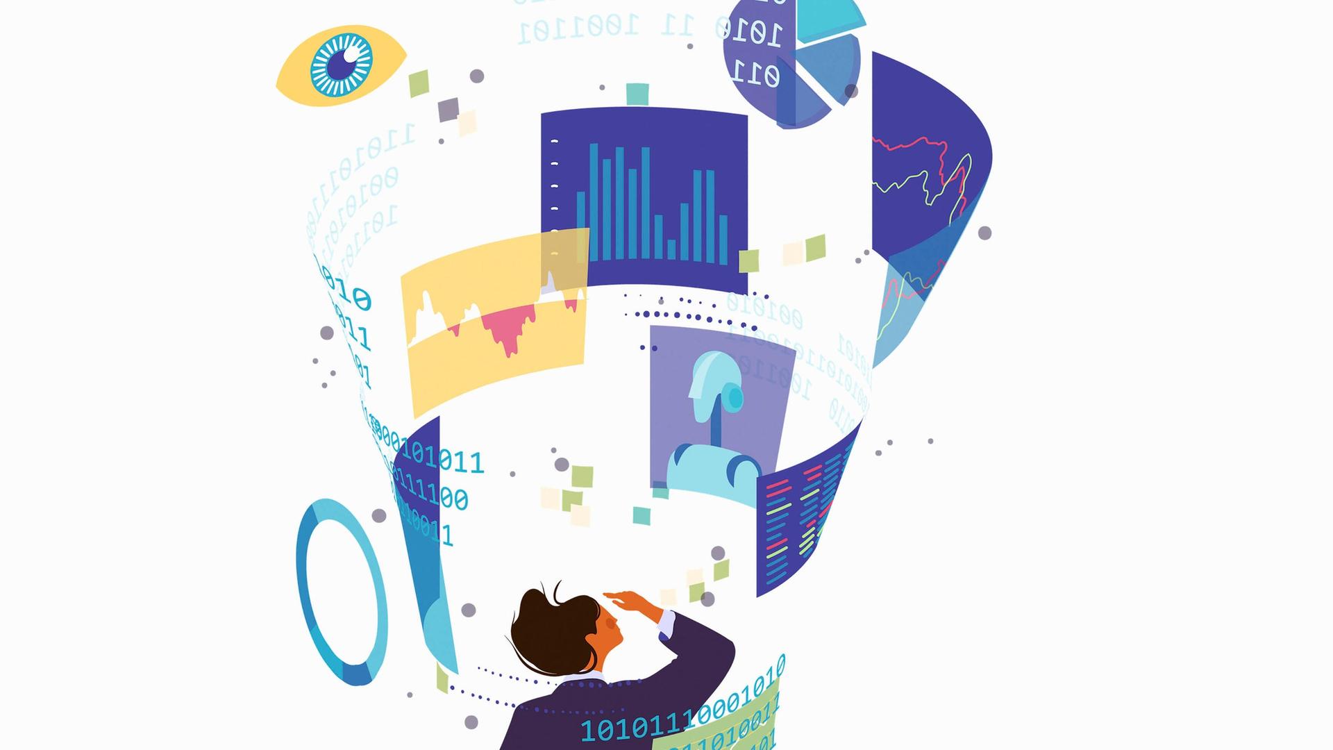 Illustration: Eine Mensch blickt in die Hightech-Zukunft, einen Strudel voll Bildschirmen. Illustration: Eine Mensch blickt in die Hightech-Zukunft, einen Strudel voll Bildschirmen.
