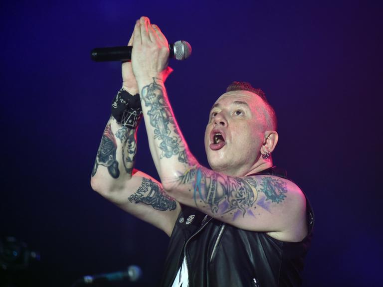Der Sänger der Punkrockband Tarakany! singt auf einer Bühne. Er hebt seine tätowierten Arme, die das Mikrofon halten.