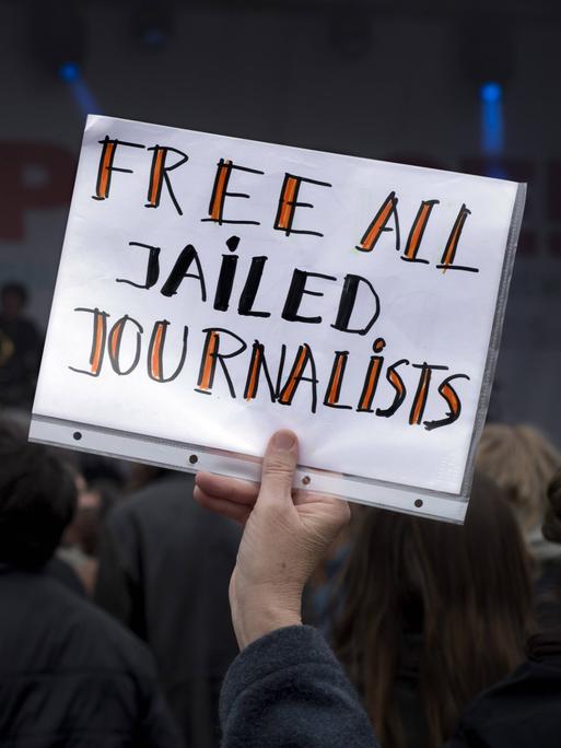 Eine Demonstrantin hält ein Schild mit der Aufschrift "Free all jailed Journalists".