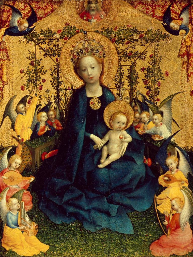 Das Bild "Muttergottes in der Rosenlaube" von Stephan Lochner zeigt ein Ölgemälde von Maria mit Jesus auf dem Schoß. Sie trägt ein blaues Gewand, Jesus ist nackt. Das Bild "Muttergottes in der Rosenlaube" von Stephan Lochner zeigt ein Ölgemälde von Maria mit Jesus auf dem Schoß. Sie trägt ein blaues Gewand, Jesus ist nackt.