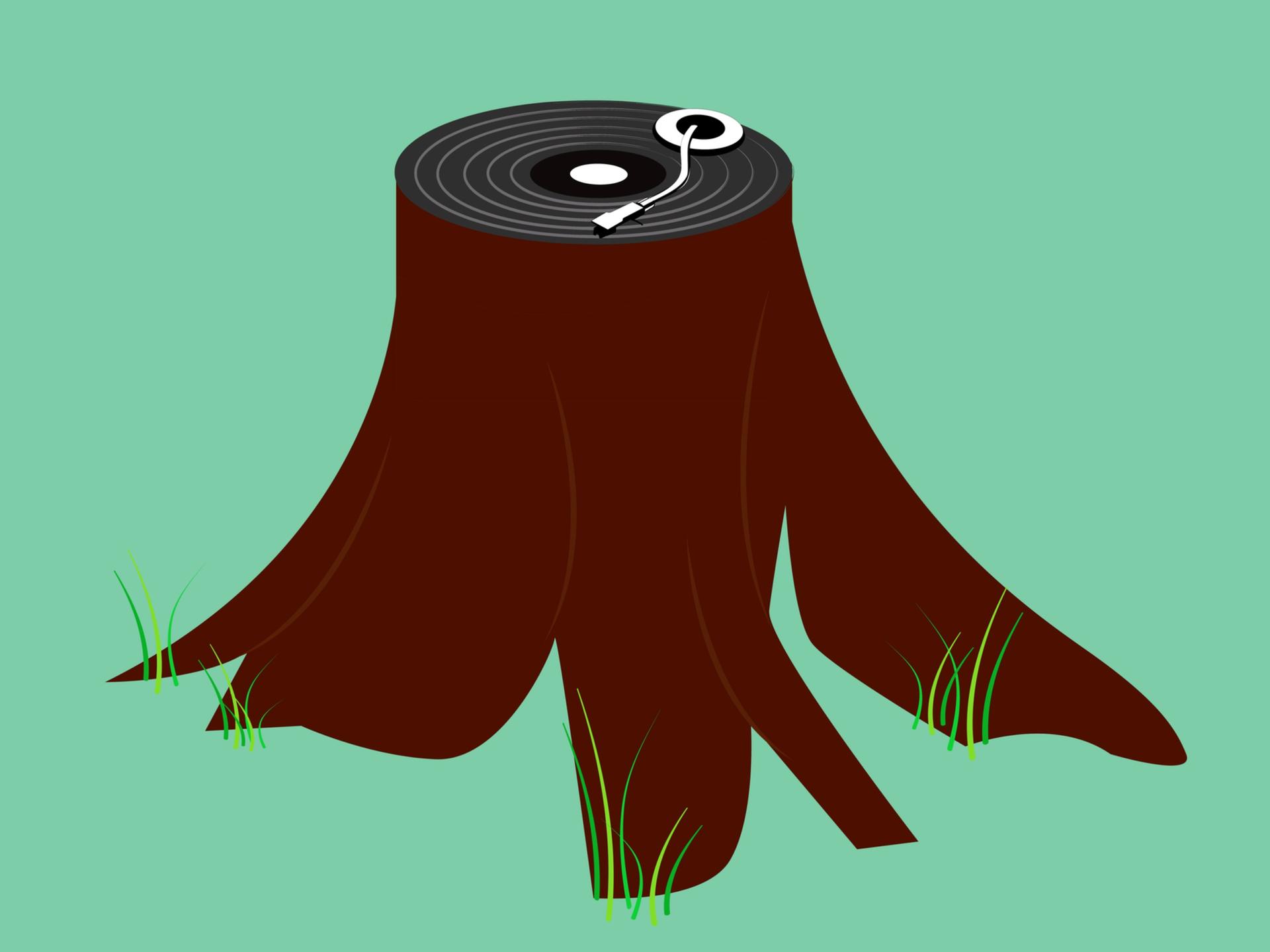 Illustration eines gefällten Baumstamms, der sich noch in der Erde befindet: Auf dem 