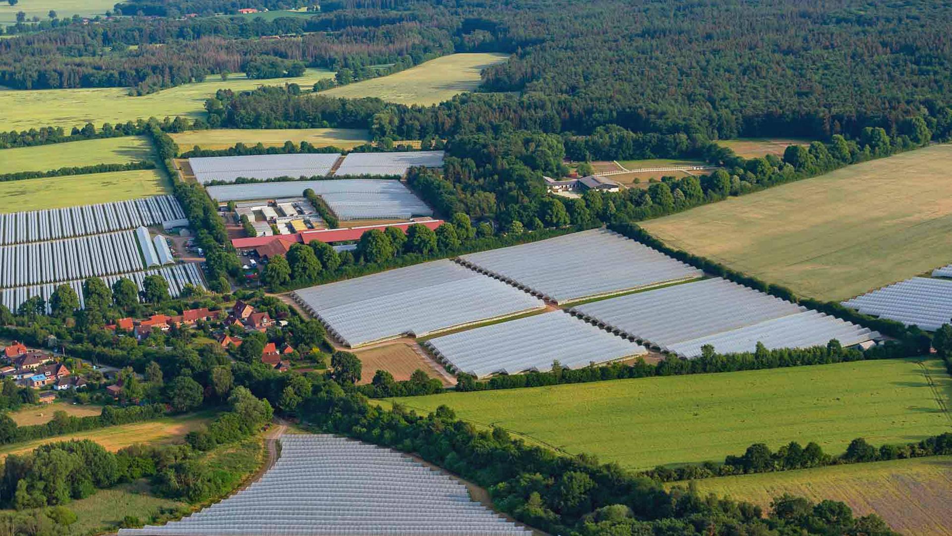 Eine Luftaufnahme zeigt große Solarparkflächen zwischen Äckern in Mecklenburg-Vorpommern. Mittendrin ein kleines Dorf.
