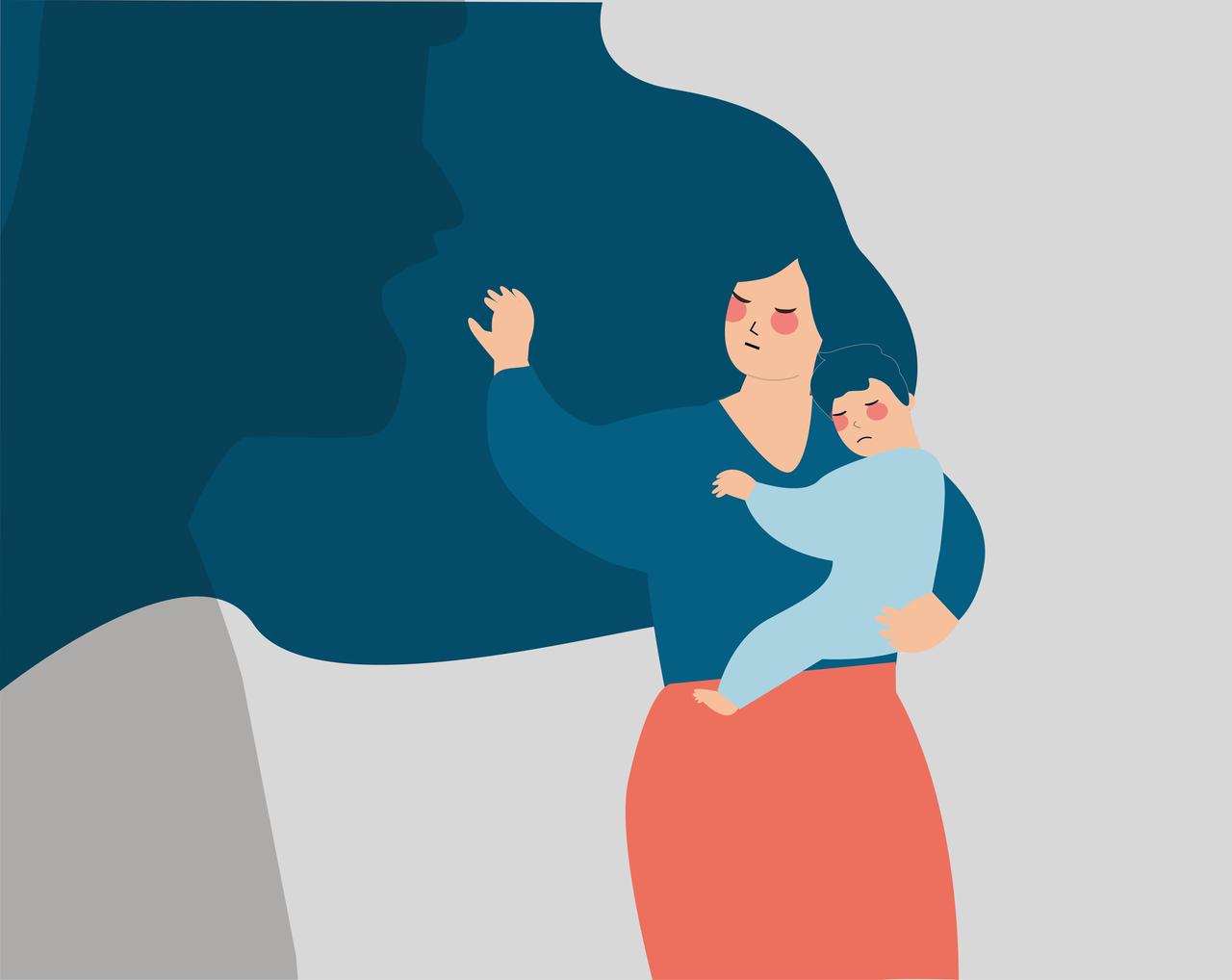 Illustration einer Frau, die ein Kind auf dem Arm hält und es vor einer Person, die sie anschreit, schützt