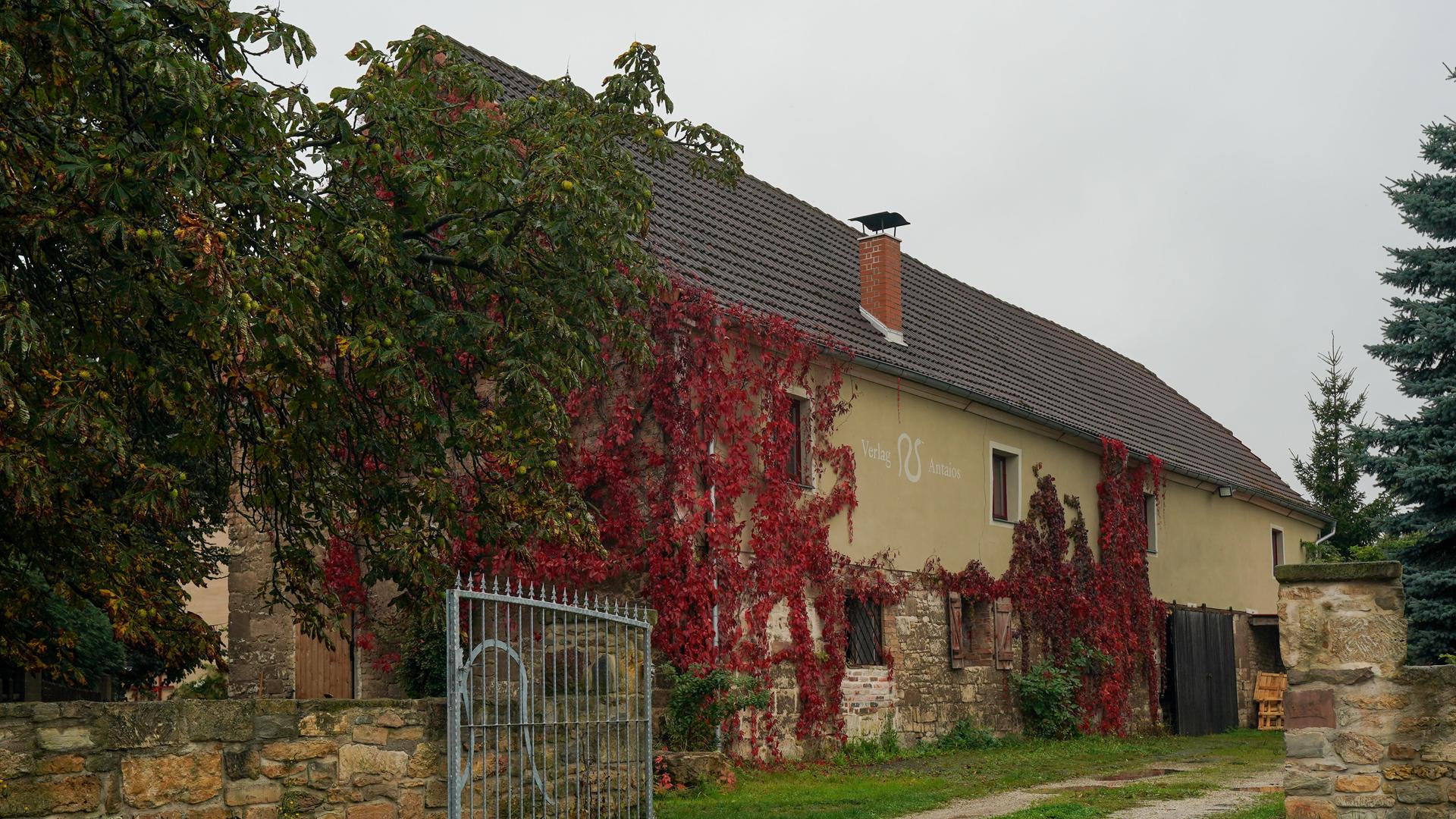 Teil des Anwesens des Verlegers Kubitschek mit dem Verlag "Antaios" und dem "Institut für Staatspolitik" in Schnellroda: Ein Weg mit Kopfsteinpflaster führt auf ein geöffnetes Tor zu, im Hintergrund ist ein gelbes Gebäude zu sehen.