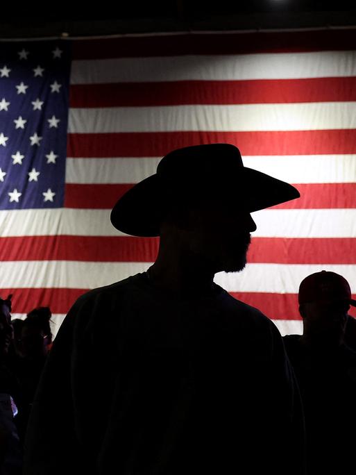 Die Silhouette eines Mannes mit Cowboyhut hebt sich dunkel vor der US-amerikanischen Flagge ab.