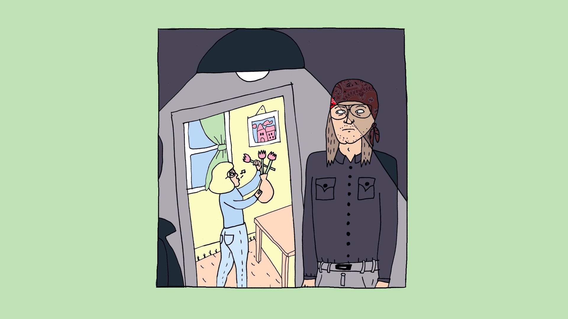 Zeichnung von Liv Strömquist: Eine Frau stellt eine Blumenvase auf. Hinter der Tür zu ihrem Zimmer versteckt sich ein Mann mit schwarzem Hemd und Piratentuch auf dem Kopf.