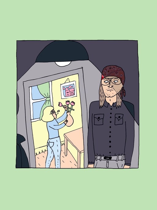 Zeichnung von Liv Strömquist: Eine Frau stellt eine Blumenvase auf. Hinter der Tür zu ihrem Zimmer versteckt sich ein Mann mit schwarzem Hemd und Piratentuch auf dem Kopf.