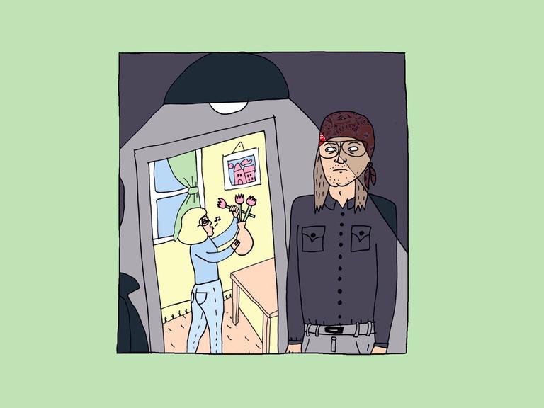 Zeichnung von Liv Strömquist: Eine Frau stellt eine Blumenvase auf. Hinter der Tür zu ihrem Zimmer versteckt sich ein Mann mit schwarzem Hemd und Piratentuch auf dem Kopf.