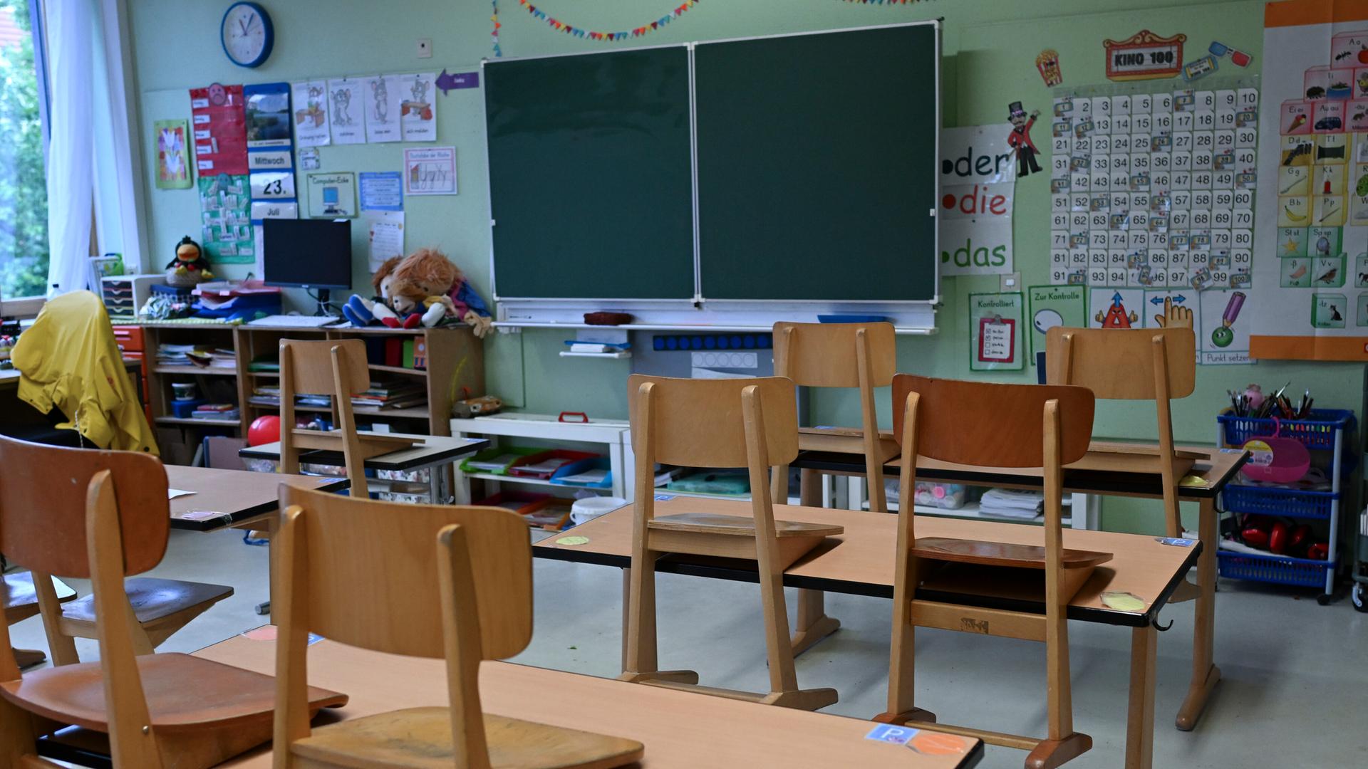 Hochgestellte Stühle in einem Klassenzimmer. Hochgestellte Stühle in einem Klassenzimmer.