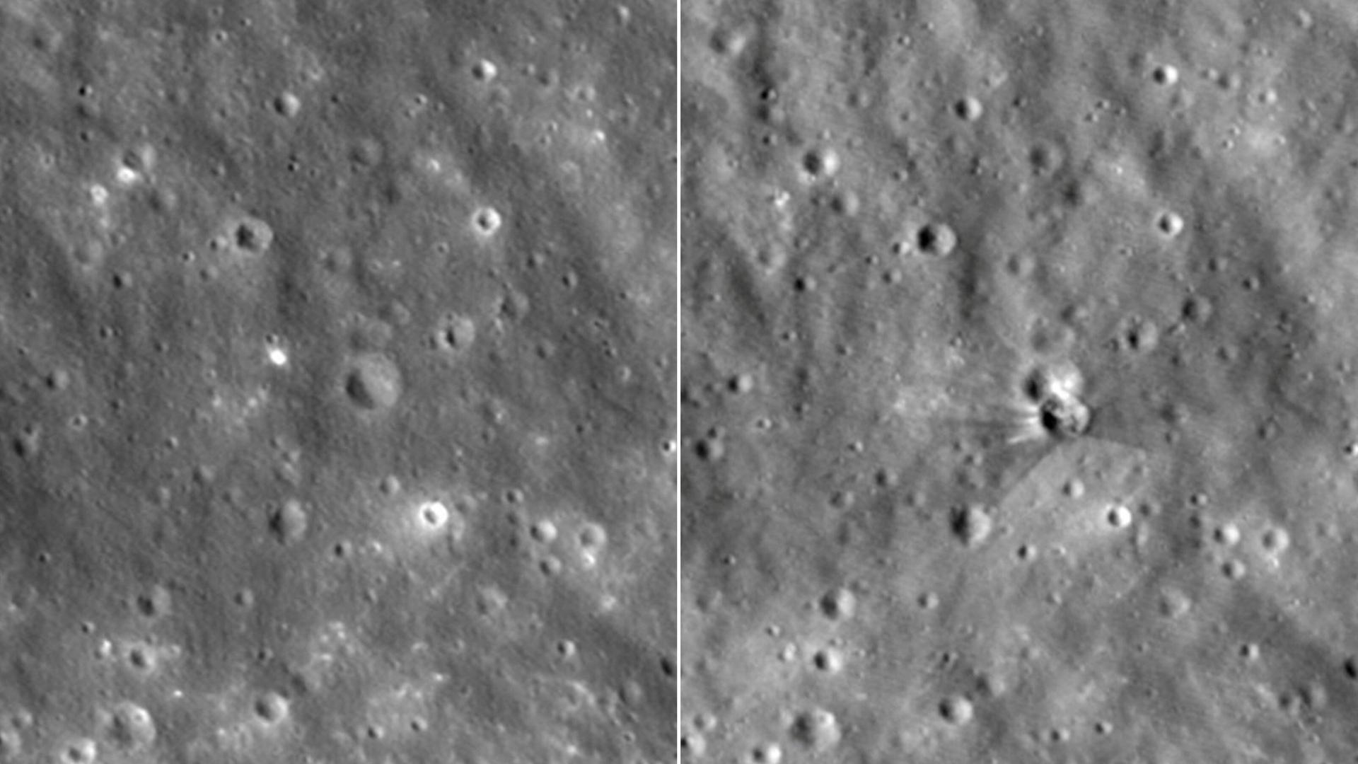 Vorher-Nachher-Aufnahmen der Einschlagstelle auf dem Mond, aufgenommen aus knapp 100 Kilometern Höhe Vorher-Nachher-Aufnahmen der Einschlagstelle auf dem Mond, aufgenommen aus knapp 100 Kilometern Höhe