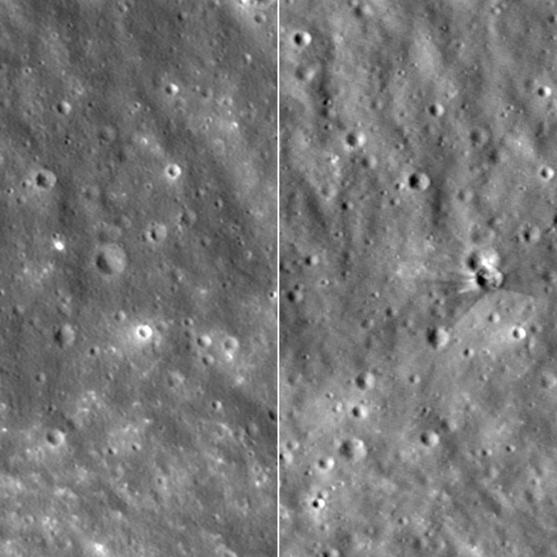 Vorher-Nachher-Aufnahmen der Einschlagstelle auf dem Mond, aufgenommen aus knapp 100 Kilometern Höhe