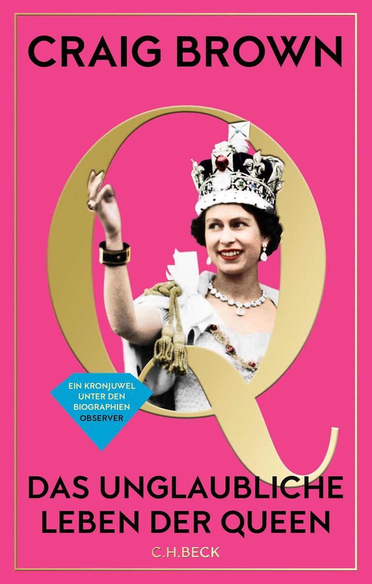 Pinkes Buchcover mit einem Foto von Queen Elizabeth II. darauf: Das Buchcover von Craig Browns „Q. Das unglaubliche Leben der Queen“