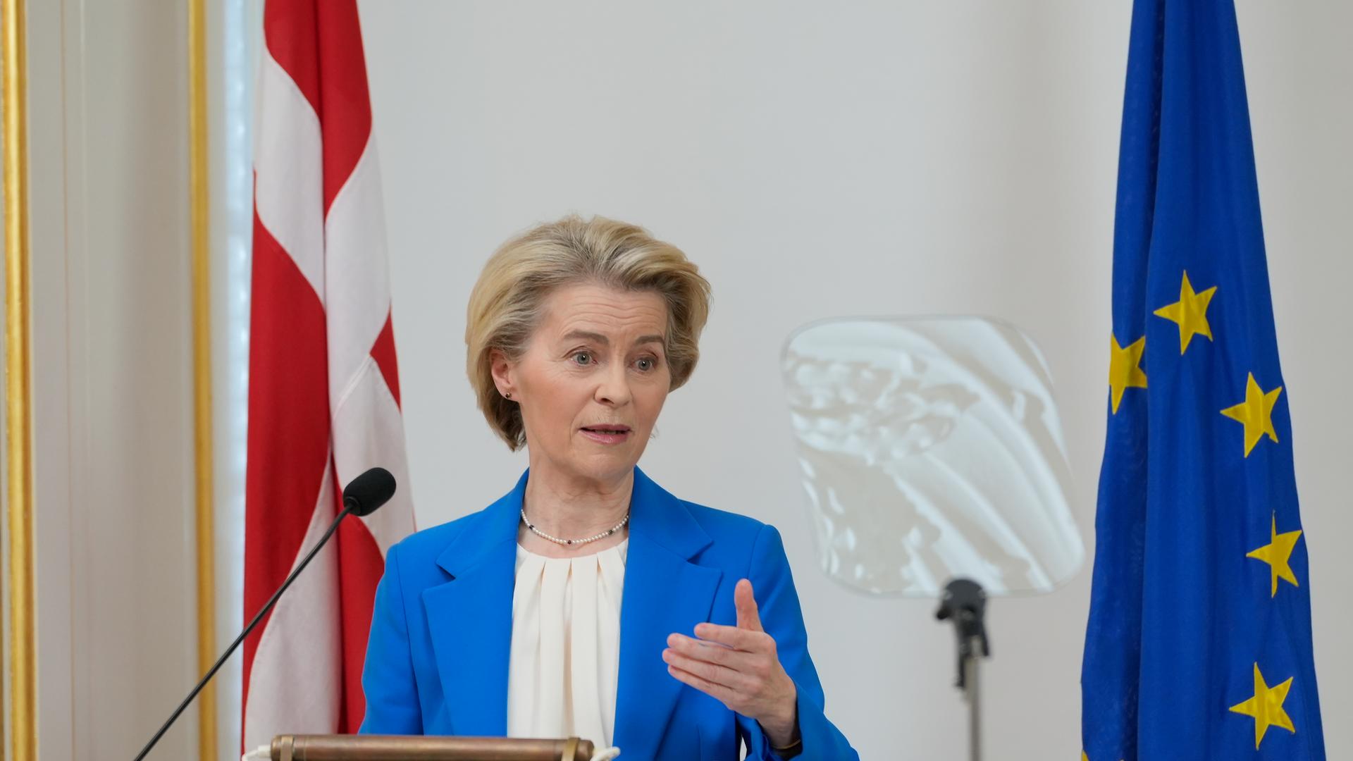 Die Präsidentin der Europäischen Kommission Ursula von der Leyen spricht in der Offiziersschule des Heeres im Schloss Frederiksberg in Kopenhagen. Die Präsidentin der Europäischen Kommission Ursula von der Leyen spricht in der Offiziersschule des Heeres im Schloss Frederiksberg in Kopenhagen.