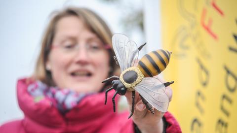 Eine Frau steht vor dem gelben Banner des Landfrauenverbands und hält ein Bienenmodell aus Holz in die Kamera.