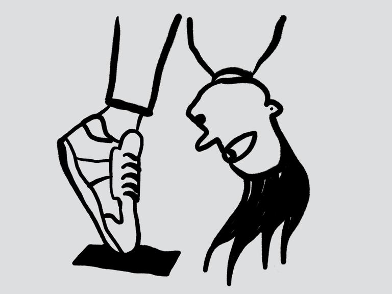 Skizze einer Person, die sich auf Zehenspitzen vornüberbeugt, man sieht nur die Turnschuhe und den Kopf