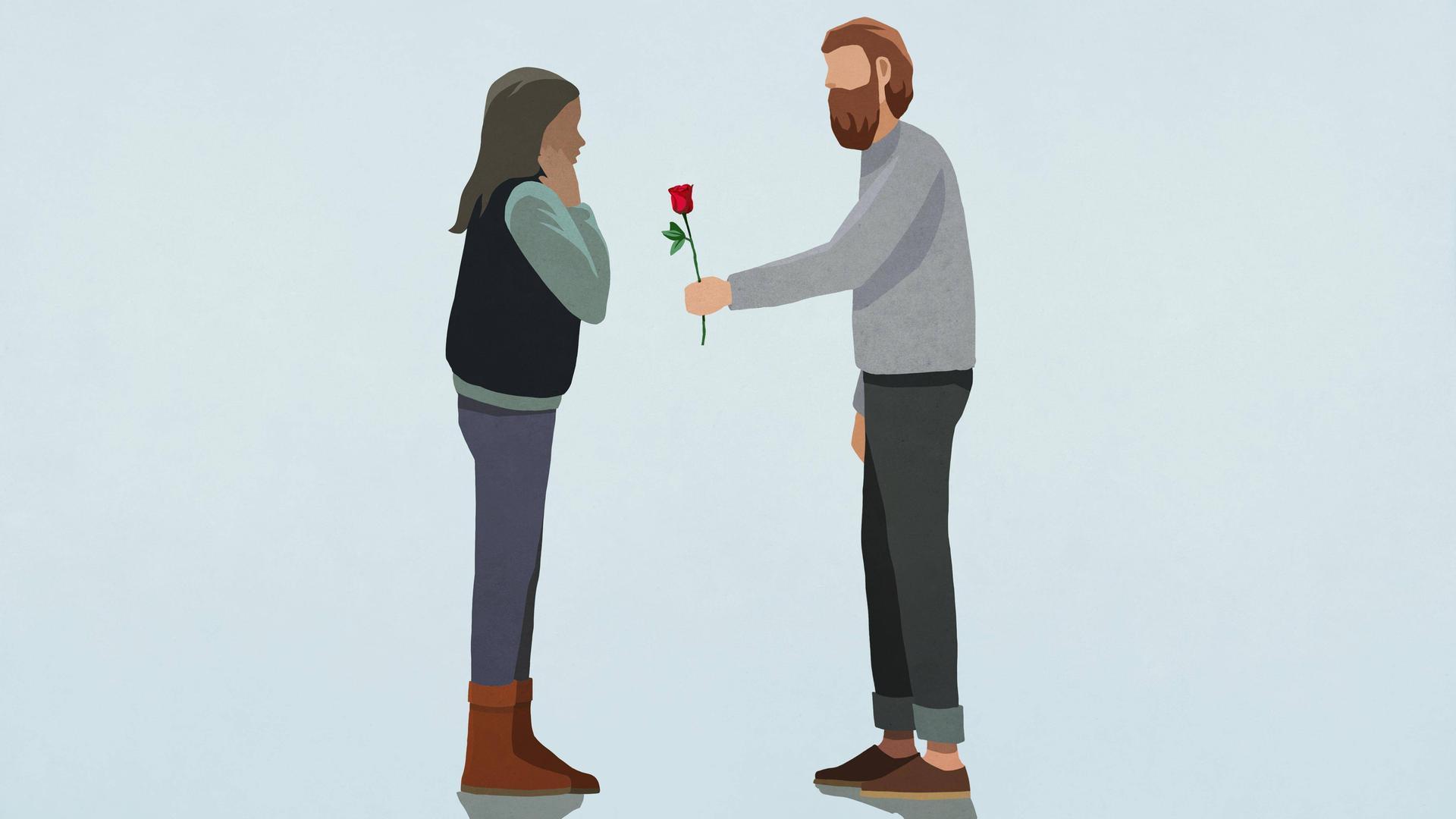 Illustration eines Mannes, der einer Frau gegenüber steht, und ihr eine Rose reicht.