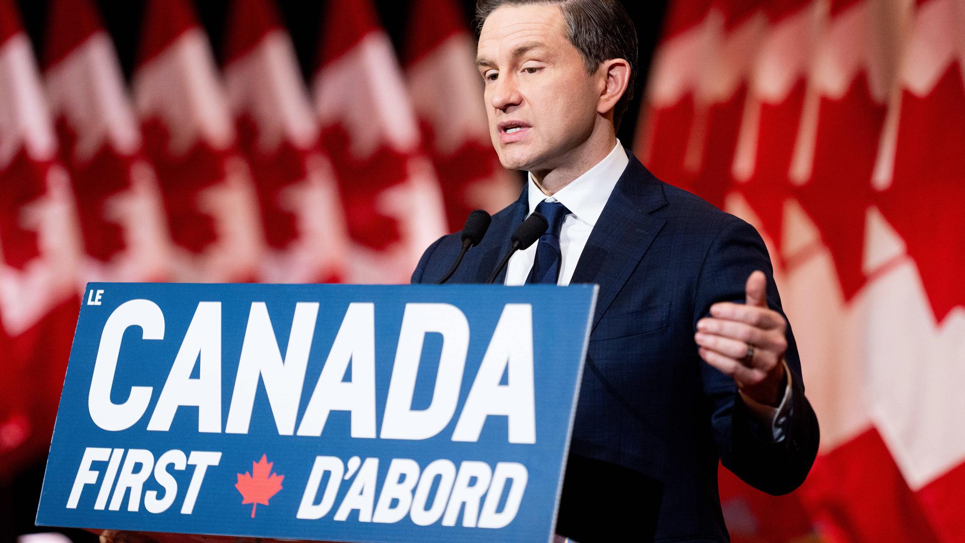 Pierre Poilievre Chef der kanadischen Konservativen am 2. März bei einer Pressekonferenz in Ottawa, Kanada 