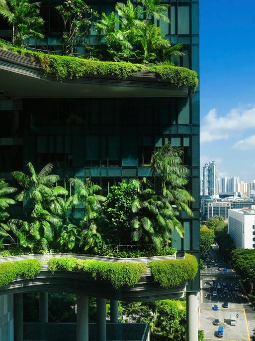 Im Vordergrund das "Parkroyal on Pickering" mit imposant begrünter Fassade, im Hintergrund ein Blick auf die Hochhäuser von Singapur