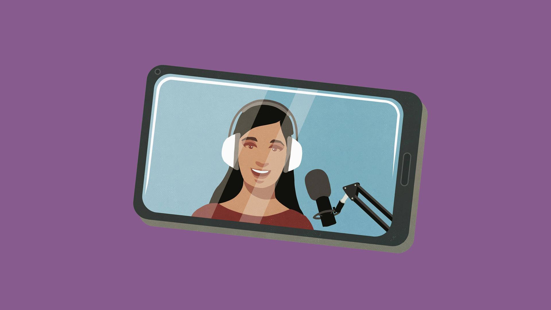 Eine Illustration zeigt eine Frau mit Kopfhörer und Mikrofon auf dem Display eines Mobiltelefons. 
