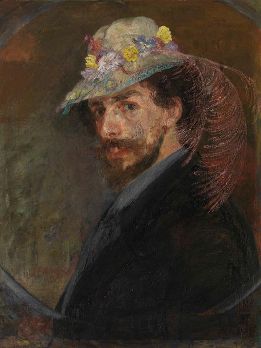 Selbstporträt von James Ensor mit Hut mit Blumenbouquet.