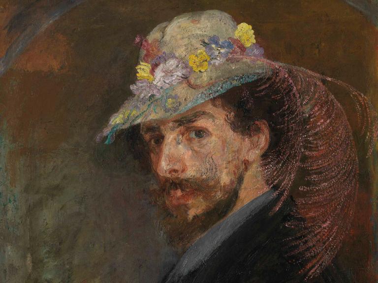 Selbstporträt von James Ensor mit Hut mit Blumenbouquet.