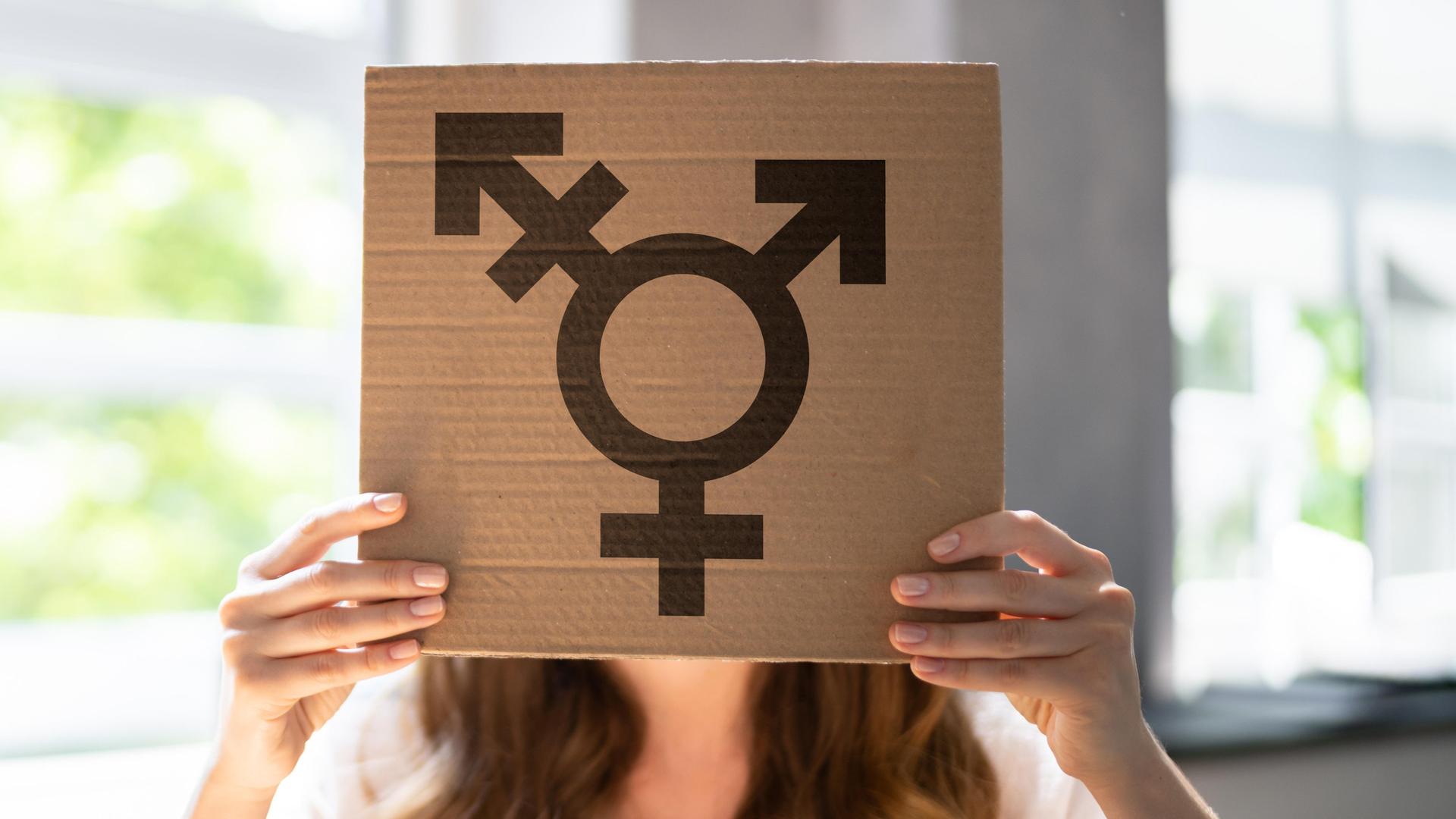 Frauenhände halten ein Pappschild mit dem Transgender-Symbol hoch. Frauenhände halten ein Pappschild mit dem Transgender-Symbol hoch.