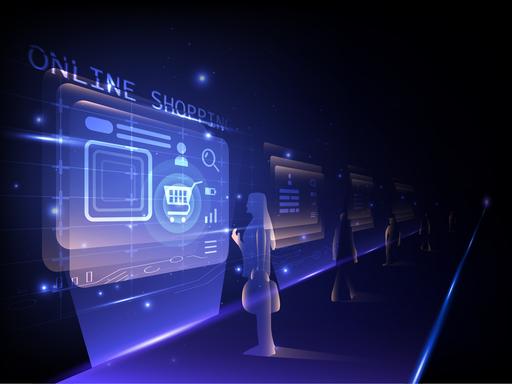 Eine futuristisch-digital amutende Grafik zeigt eine Frauenfigur vor einem Shopping Portal.