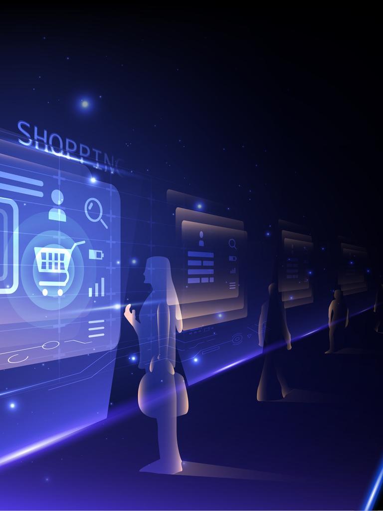 Eine futuristisch-digital amutende Grafik zeigt eine Frauenfigur vor einem Shopping Portal.