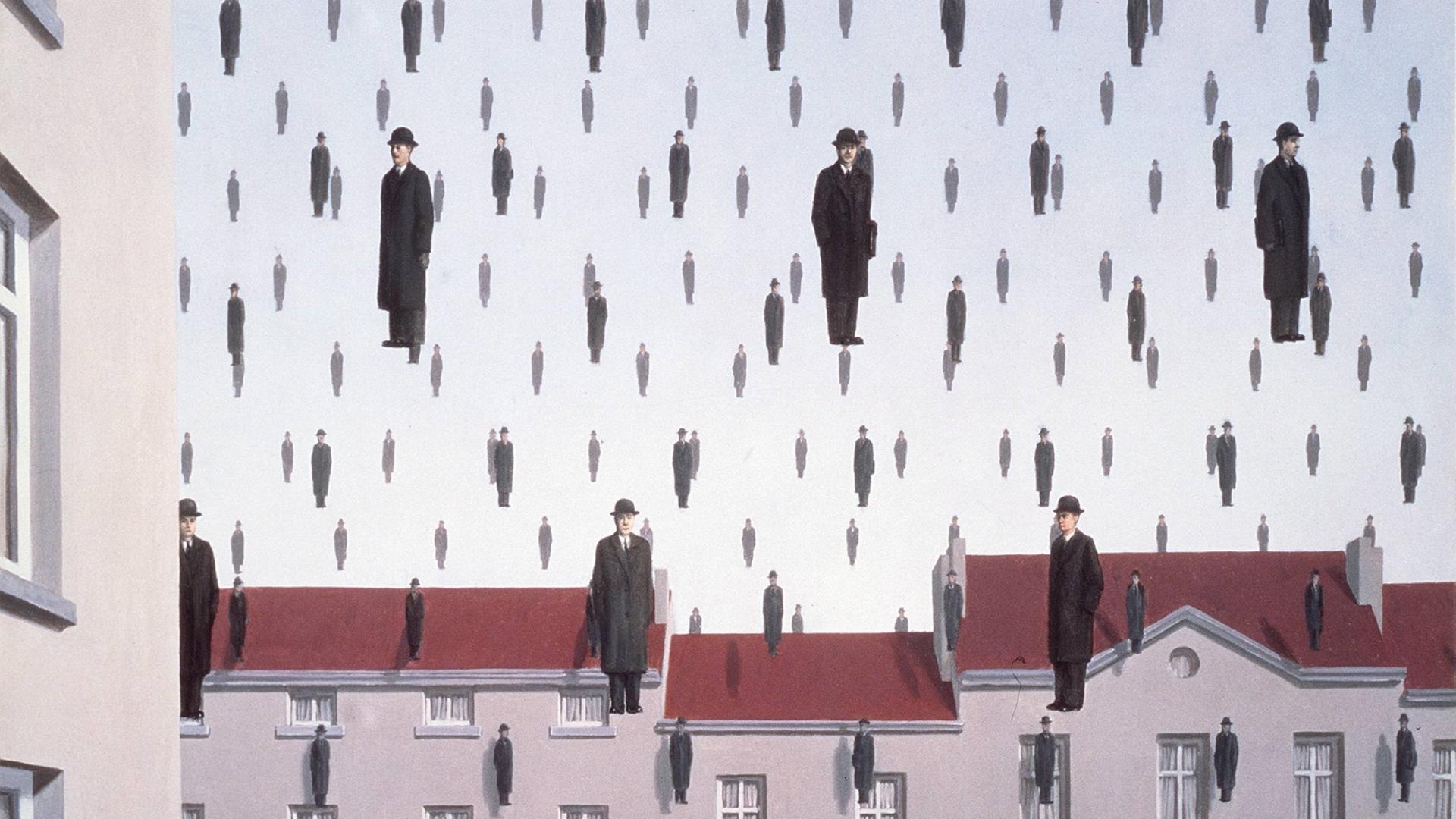 Das Gemälde "Golconda "vom belgischen Surrealisten René Magritte aus dem Jahr 1953. Identisch aussehende schwebende Männer in Mantel und Melone vor einer Häuserkulisse. Es gilt als eines der bedeutendsten Gemälde des Surrealismus. Das Gemälde "Golconda "vom belgischen Surrealisten René Magritte aus dem Jahr 1953. Identisch aussehende schwebende Männer in Mantel und Melone vor einer Häuserkulisse. Es gilt als eines der bedeutendsten Gemälde des Surrealismus.