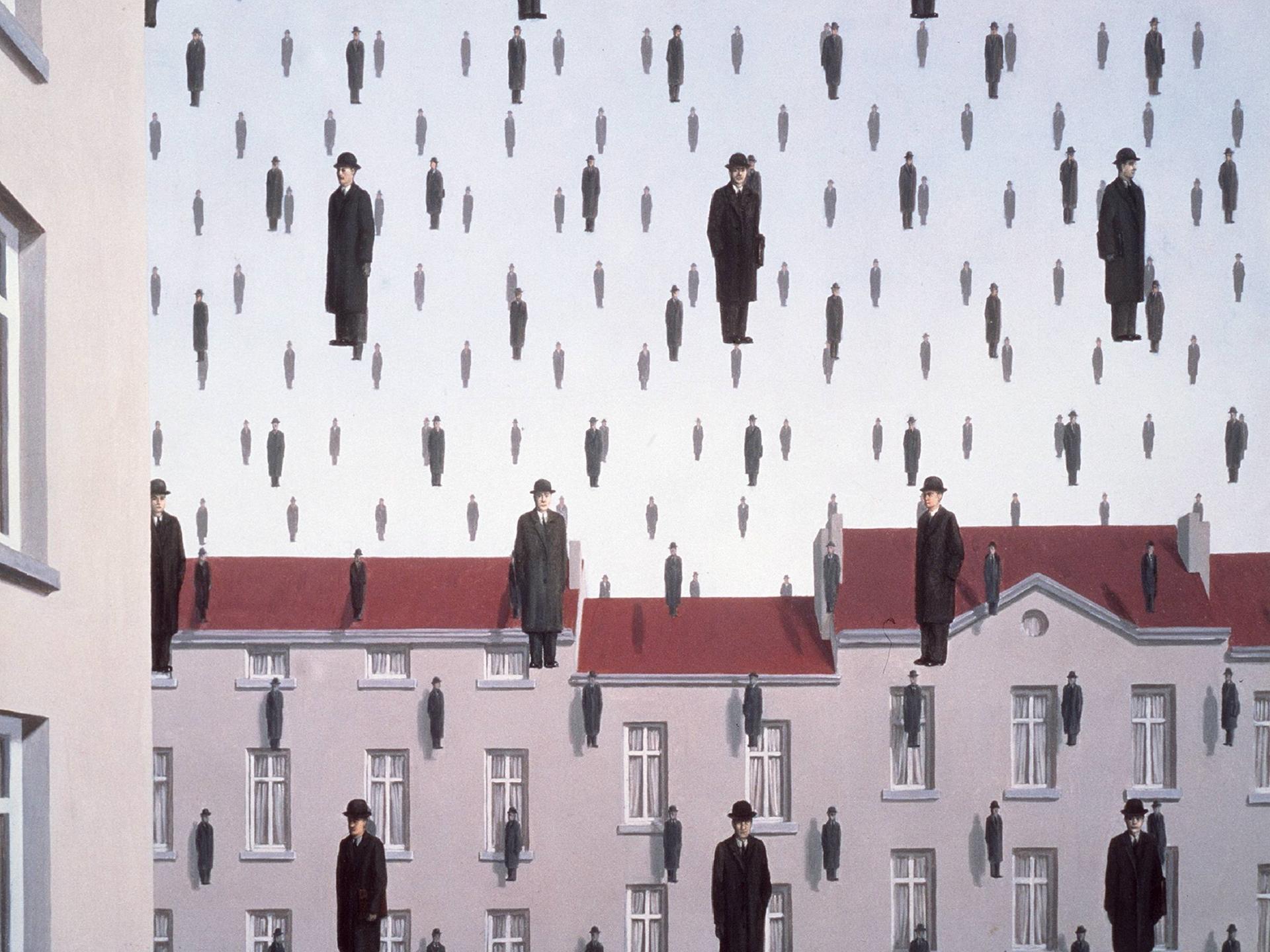Das Gemälde "Golconda "vom belgischen Surrealisten René Magritte aus dem Jahr 1953. Identisch aussehende schwebende Männer in Mantel und Melone vor einer Häuserkulisse. Es gilt als eines der bedeutendsten Gemälde des Surrealismus.