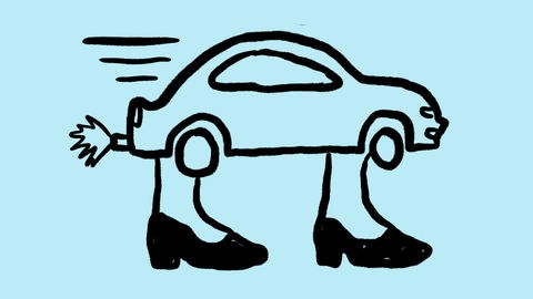 Skizze von einem Auto mit überdimensionalen Damenbeinen vor hellblauem Hintergrund