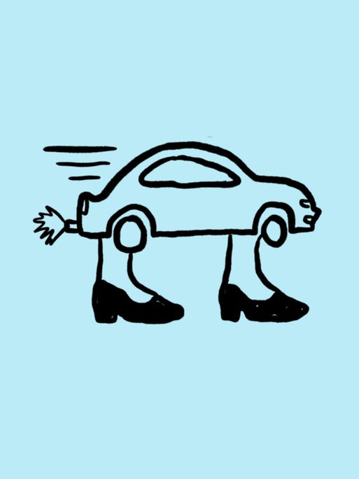 Skizze von einem Auto mit überdimensionalen Damenbeinen vor hellblauem Hintergrund Skizze von einem Auto mit überdimensionalen Damenbeinen vor hellblauem Hintergrund