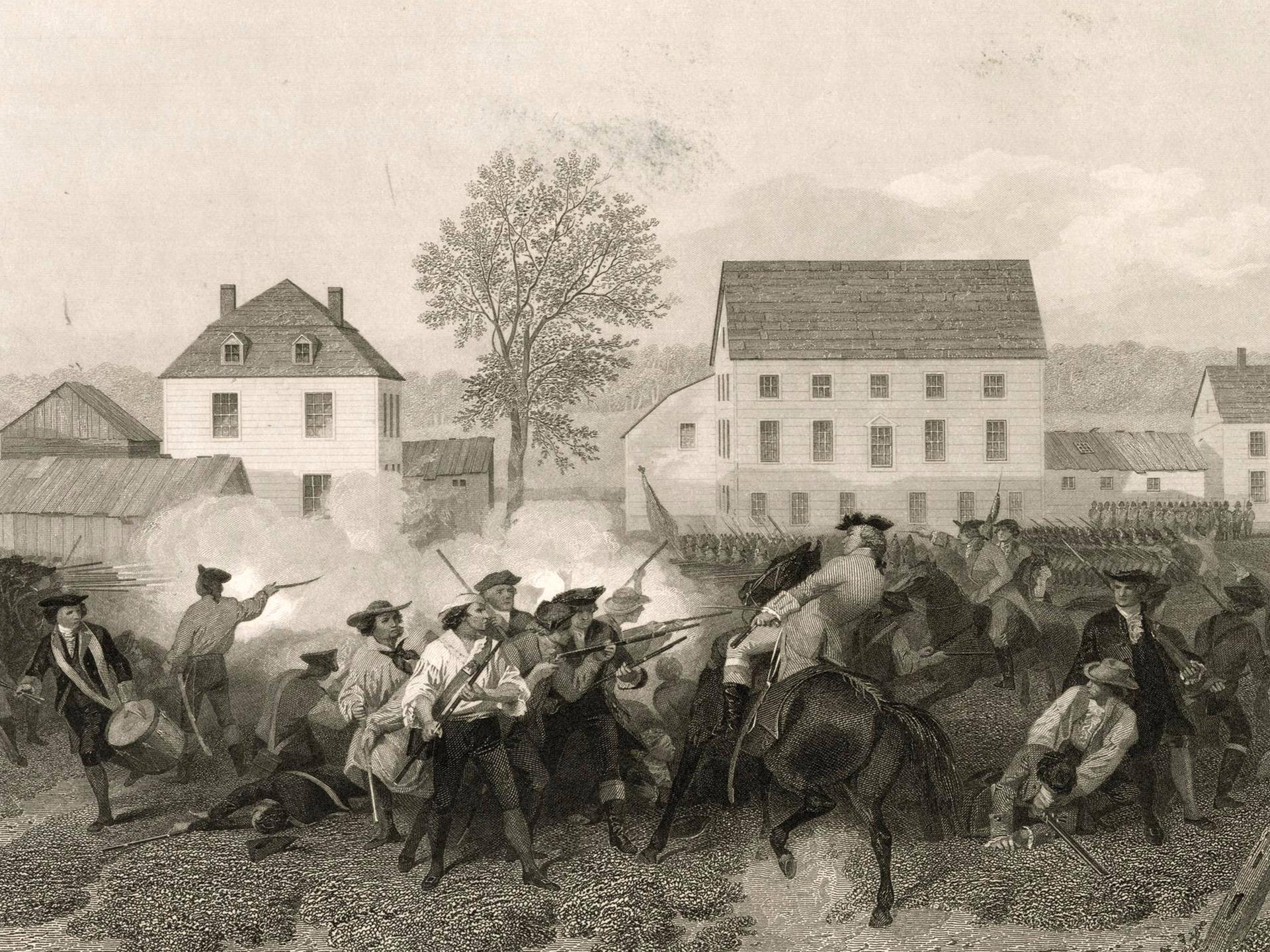 Historische Darstellung einer Kampfhandlung von Menschen mit Gewehren teilweise zu Fuß, teilweise auf Pferden.