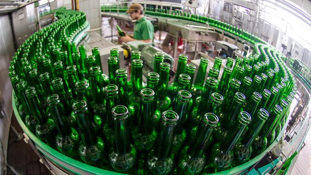 Grüne Flaschen mit Bio-Bier werden in der Abfüllanlage der Neumarkter Bio-Brauerei Lammsbräu auf einem Förderband transportiert.