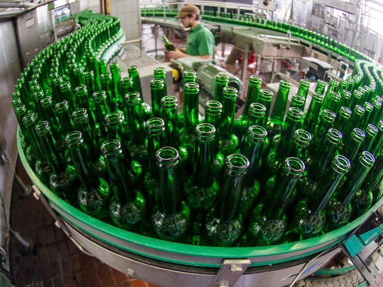 Grüne Flaschen mit Bio-Bier werden in der Abfüllanlage der Neumarkter Bio-Brauerei Lammsbräu auf einem Förderband transportiert.