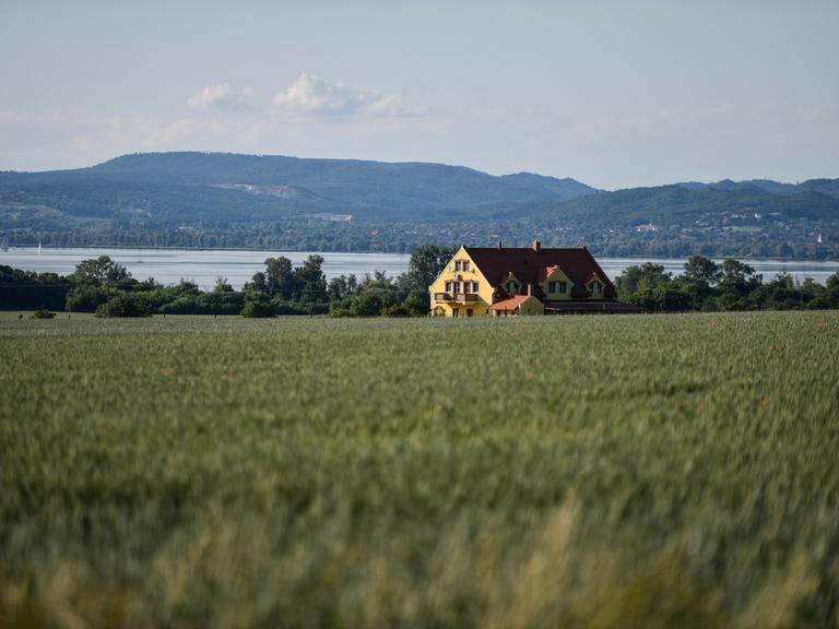Blick auf ein großes Haus in einem Feld, im Hintergrund ist der Plattensee (Balaton) zu sehen. 