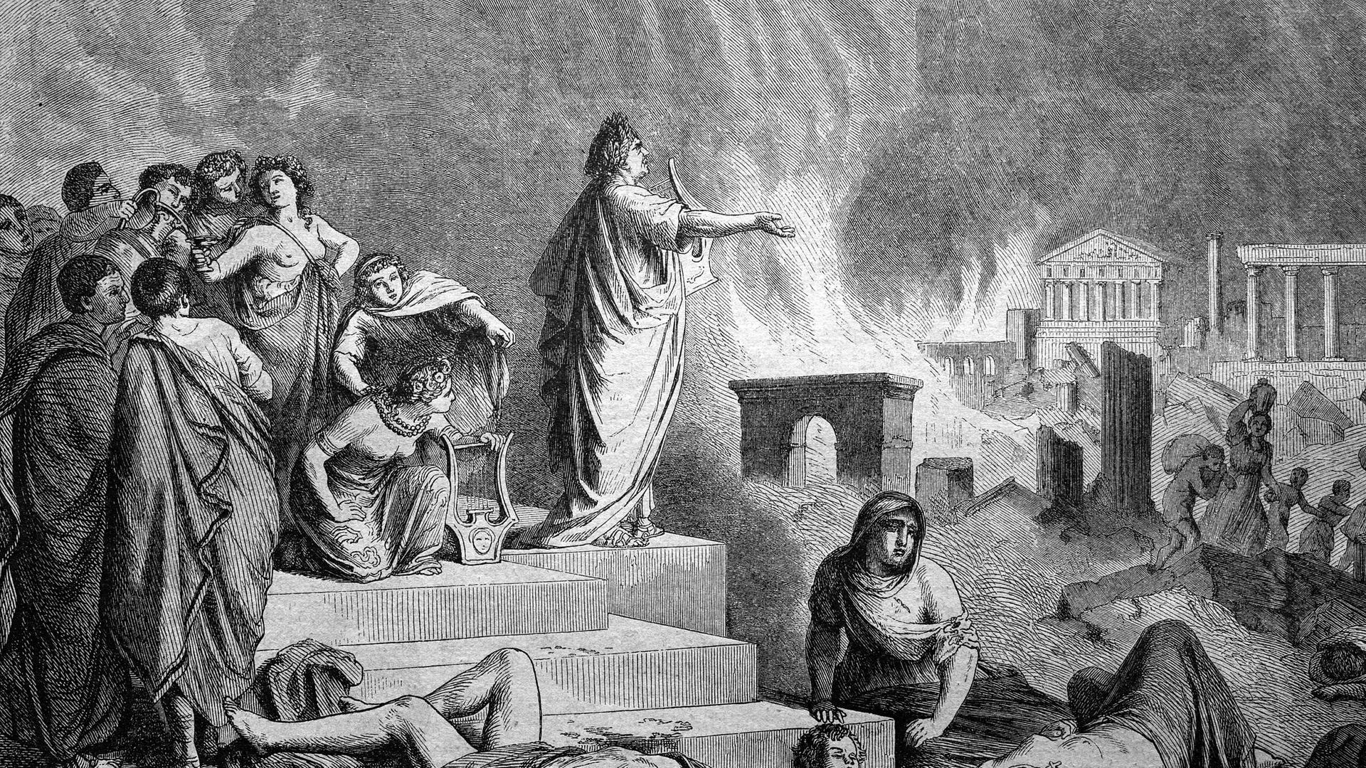Nero während des Brandes von Rom, abgebildet in einem historischer Stich von 1888