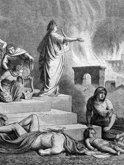 Nero während des Brandes von Rom, abgebildet in einem historischer Stich von 1888